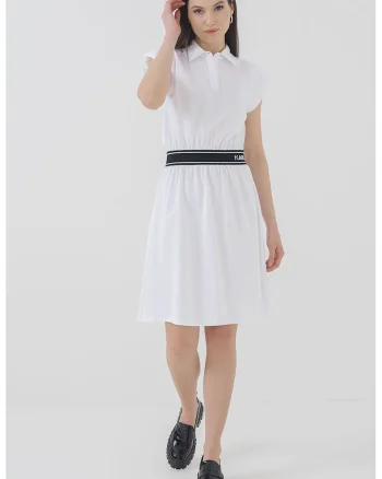 Rochie mini evazata cu guler polo, Alb