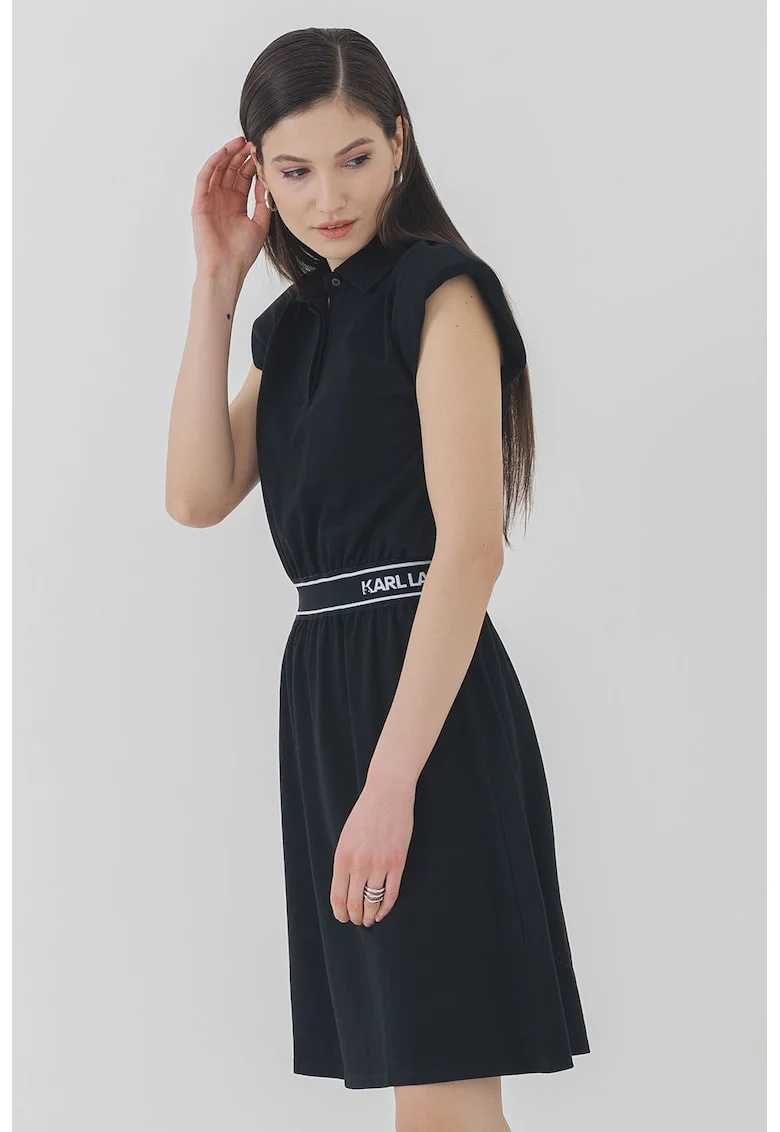 Rochie mini evazata cu guler polo, Negru/Alb murdar