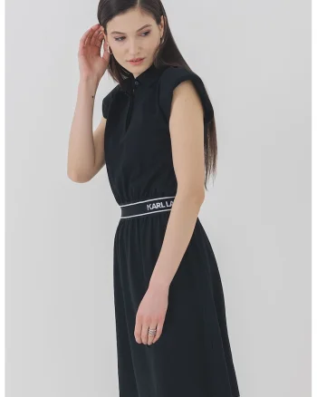 Rochie mini evazata cu guler polo, Negru/Alb murdar