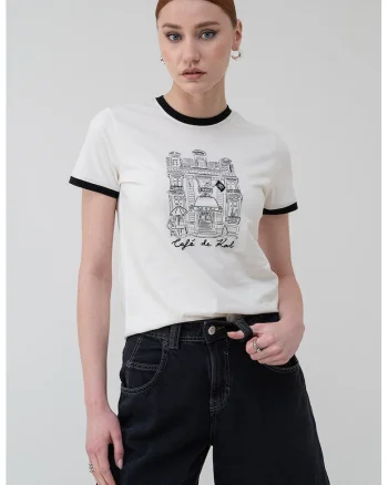 Tricou cu imprimeu grafic, Negru/Alb murdar