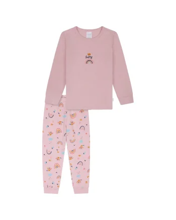 Pijama cu decolteu la baza gatului si pantaloni cu imprimeu, Roz pastel