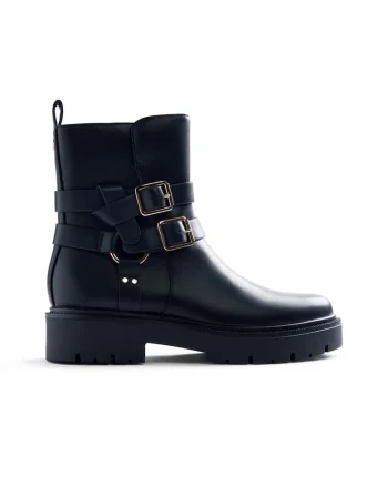 Cizme mid-calf de piele ecologica cu catarama, Negru