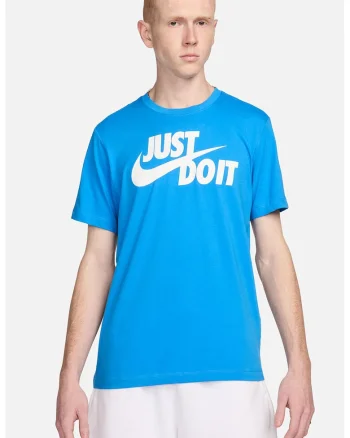 Tricou de bumbac cu imprimeu logo si text Swoosh, Alb murdar/Albastru deschis