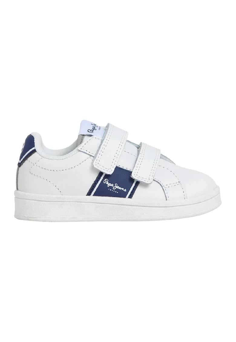 Pantofi sport din piele si piele ecologica cu inchidere velcro, Alb/Gri cenusiu/Bleumarin
