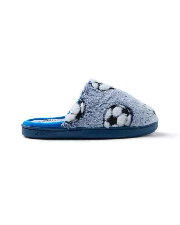 Papuci pufosi cu imprimeu fotbal, Bleumarin