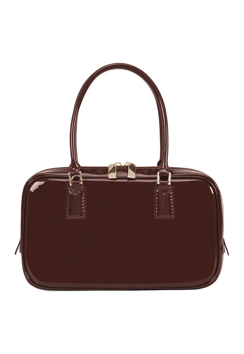 Geanta din piele lacuita cu maner, Maro cognac