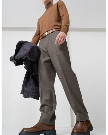 Pantaloni eleganti din amestec de lana cu talie elastica pe partea din spate, Maro inchis