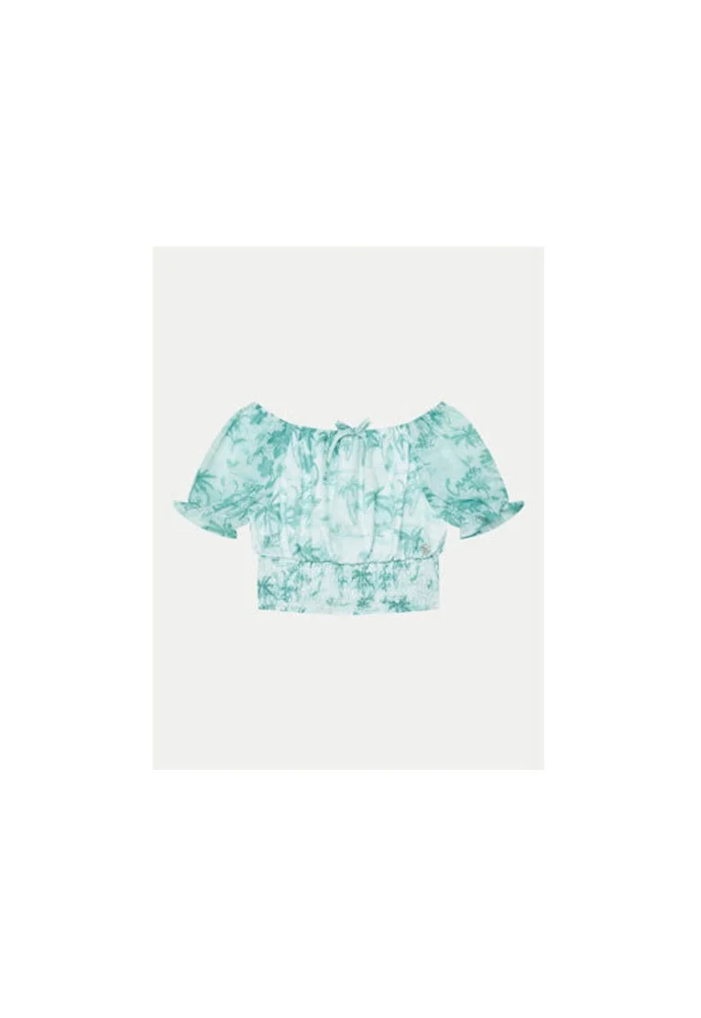 Bluza cu model tropical, Alb/Verde menta