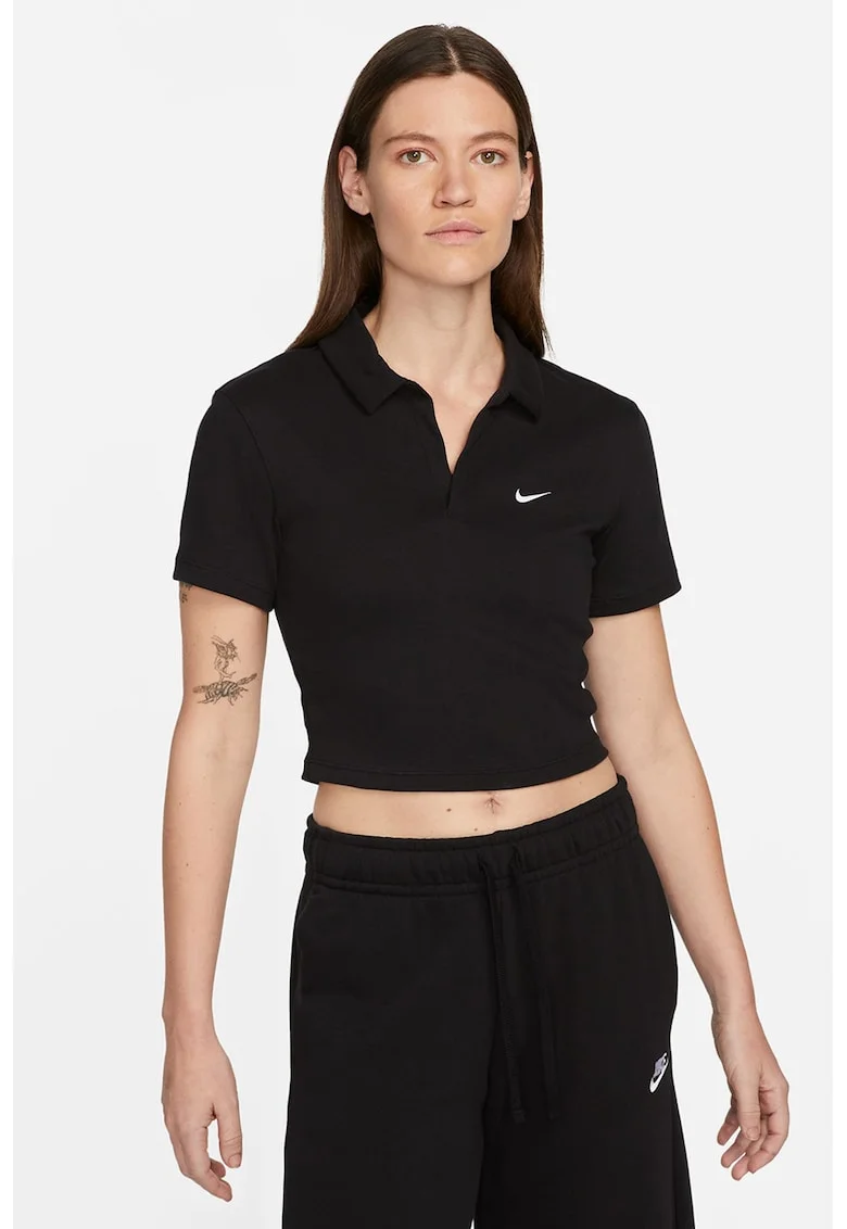 Tricou polo crop Essential, Negru