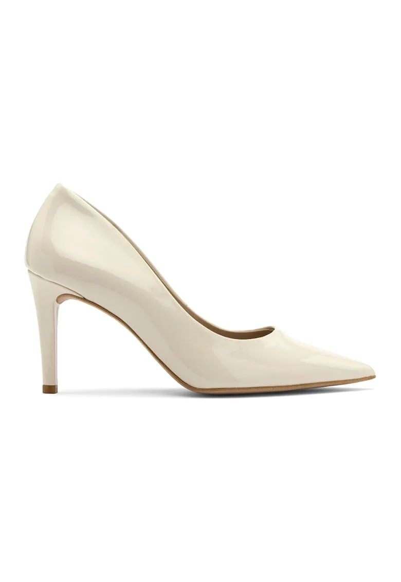 Pantofi de piele ecologica lacuita cu varf ascutit, Crem