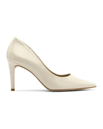 Pantofi de piele ecologica lacuita cu varf ascutit, Crem