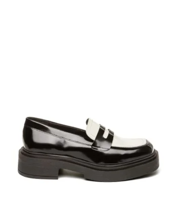 Pantofi loafer de piele ecologica si piele, Negru/Alb murdar