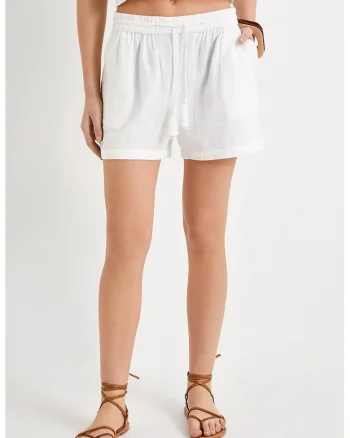 Pantaloni scurti din muslin cu snur de ajustare, Alb