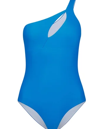 Costum de baie intreg cu decolteu pe un umar si model uni, Albastru royal