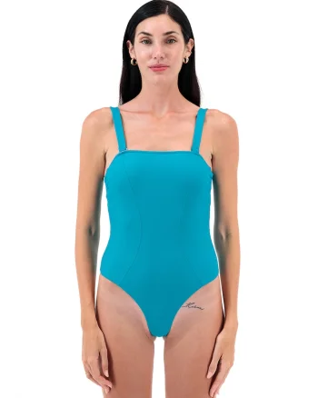 Costum de baie intreg cu model uni si bretele detasabile, Turcoaz