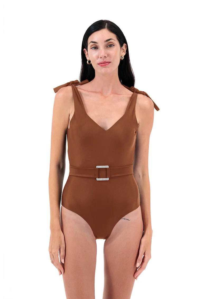 Costum de baie intreg cu o curea asortata, Maro deschis