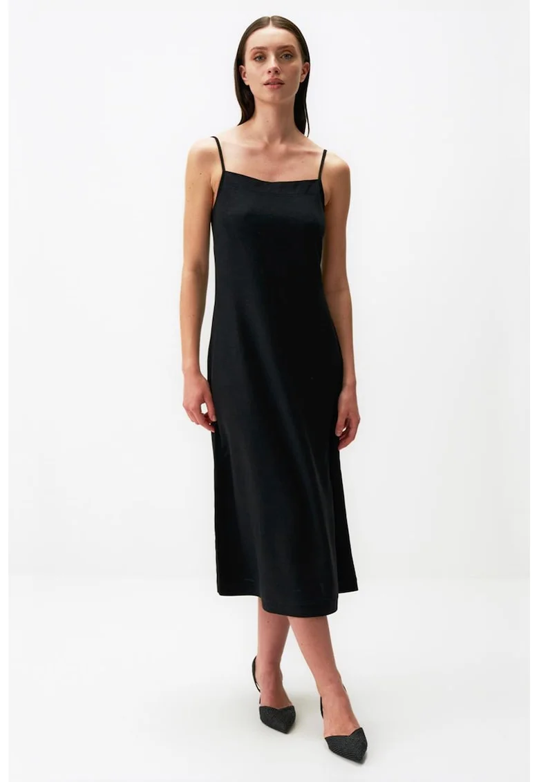 Rochie midi din amestec de in, Negru