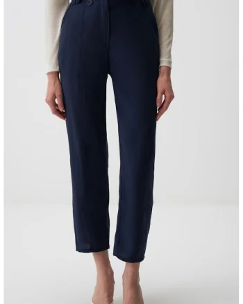 Pantaloni crop din amestec de modal, cu croiala dreapta, Bleumarin
