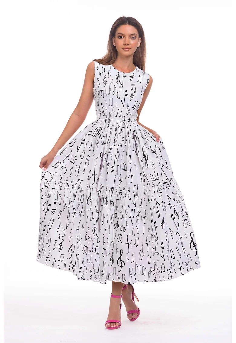 Rochie evazata fara maneci cu buzunare laterale, Negru/Alb optic