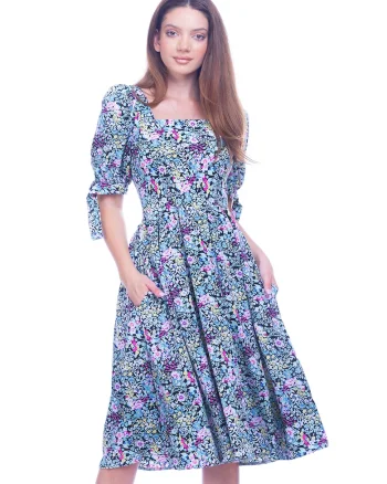 Rochie cu model floral si buzunare laterale, Galben/Roz/Albastru