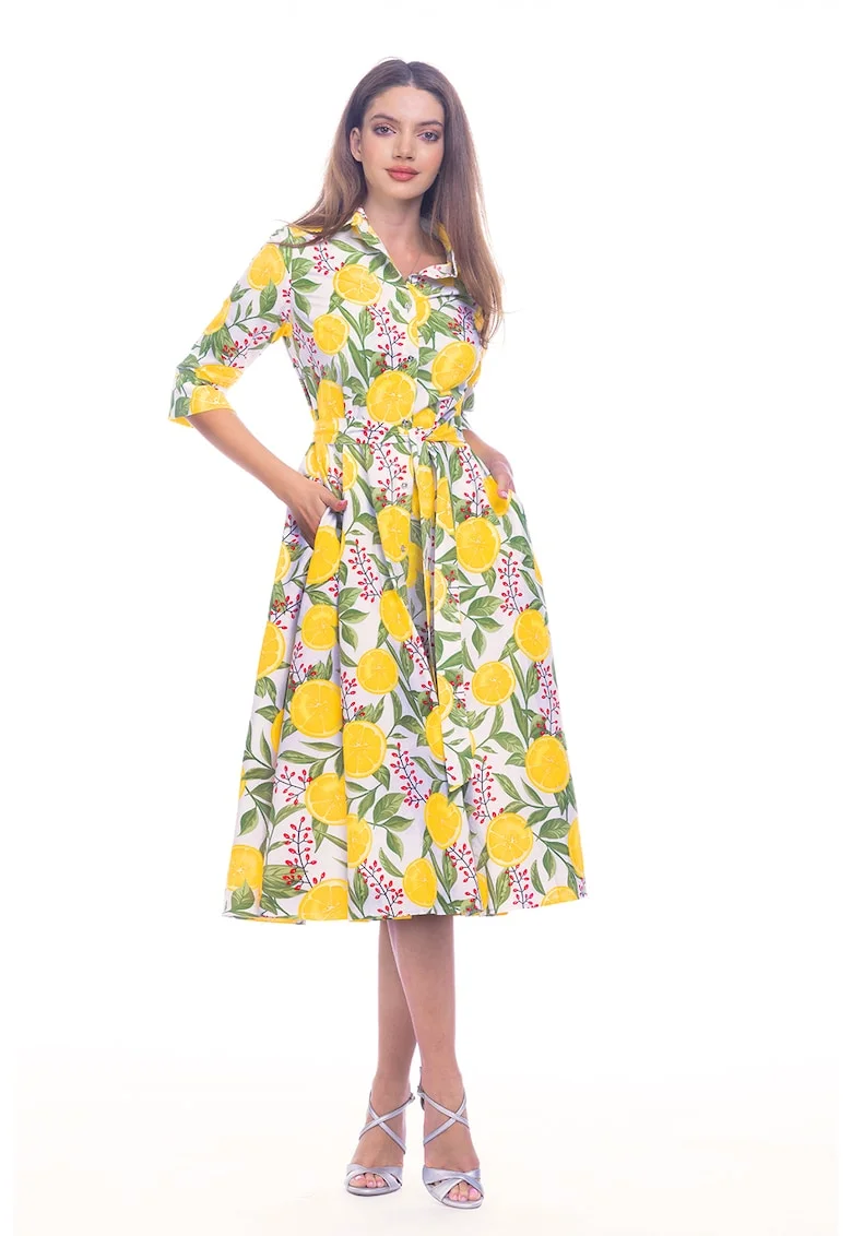 Rochie-camasa evazata cu cordon in talie, Rosu/Verde/Galben