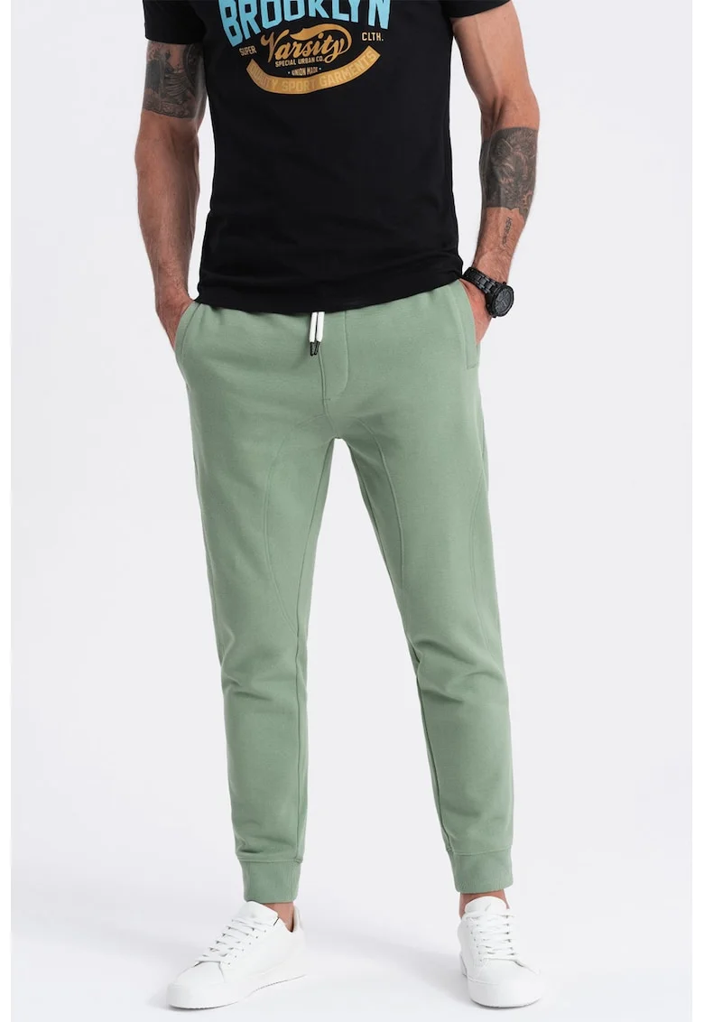 Pantaloni de trening cu croiala conica si snur de ajustare, Verde feriga
