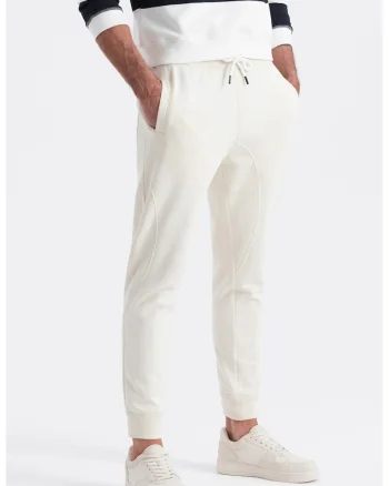 Pantaloni de trening cu croiala conica si snur de ajustare, Alb murdar