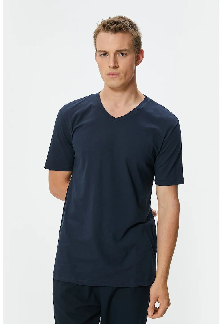 Set de tricouri slim fit cu decolteu in V, 2 piese, Alb/Bleumarin