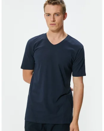 Set de tricouri slim fit cu decolteu in V, 2 piese, Alb/Bleumarin