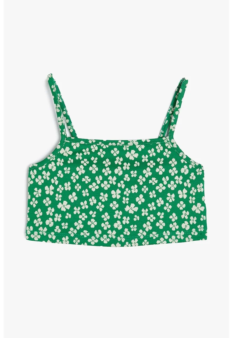 Top crop cu model floral, Verde aquamarin/Alb murdar