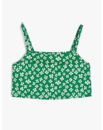 Top crop cu model floral, Verde aquamarin/Alb murdar