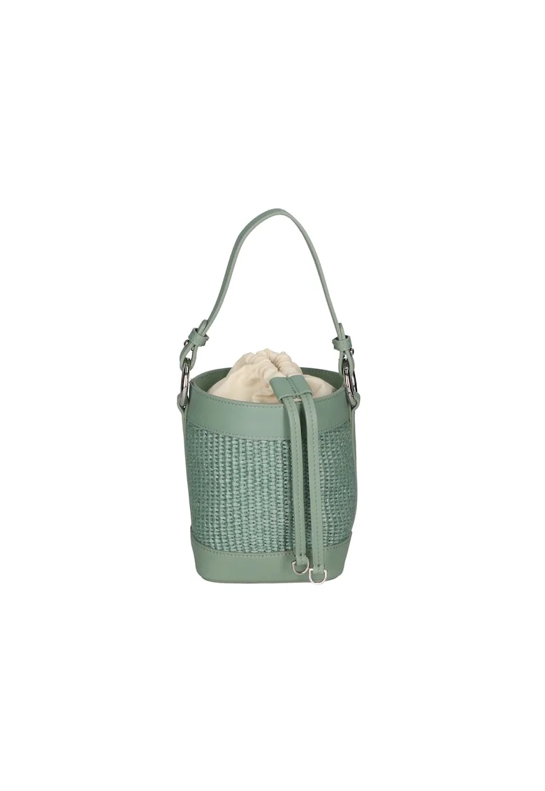 Geanta bucket de paie si piele, Verde