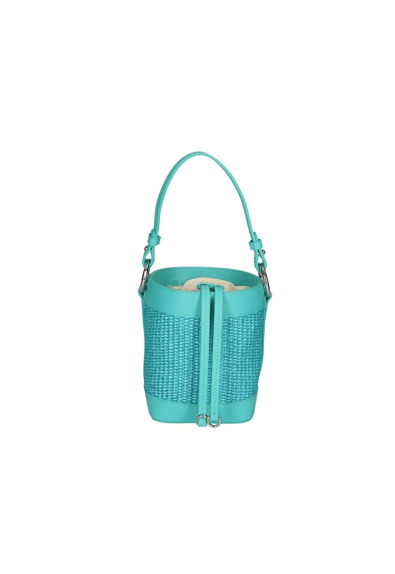 Geanta bucket de paie si piele, Turcoaz