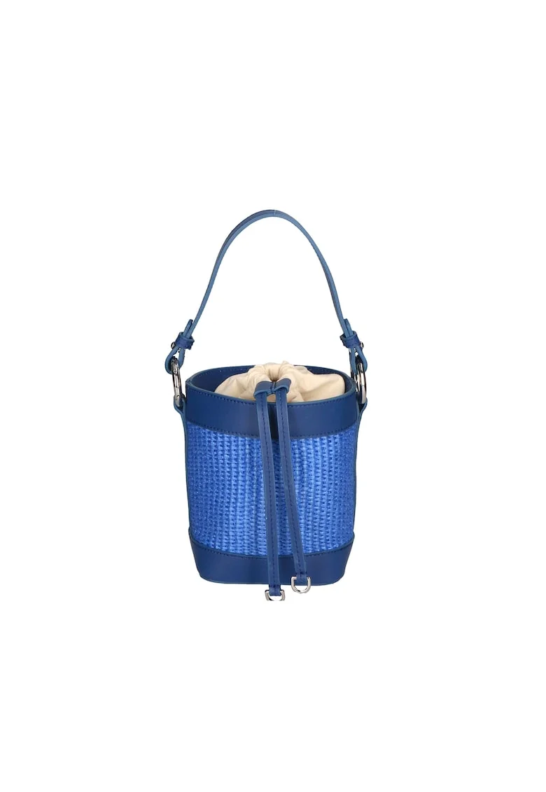 Geanta bucket de paie si piele, Albastru royal