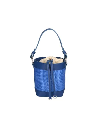 Geanta bucket de paie si piele, Albastru royal