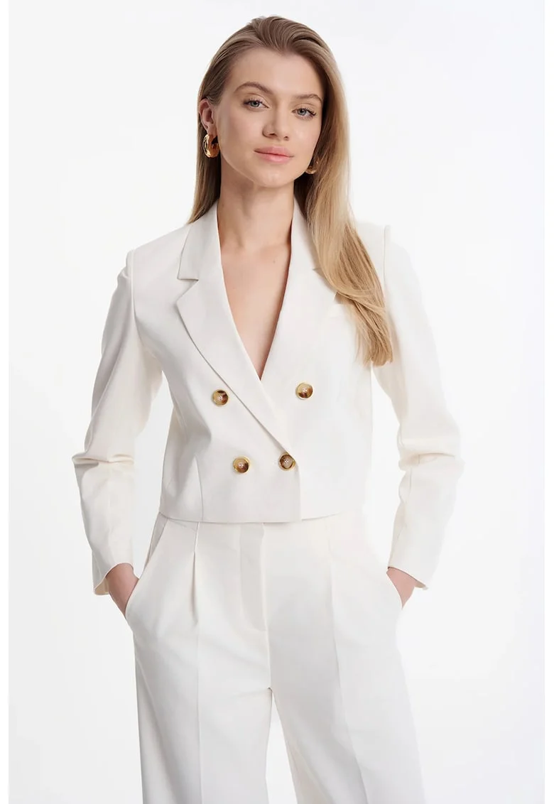 Sacou crop cu doua randuri de nasturi si revere decupate, Alb
