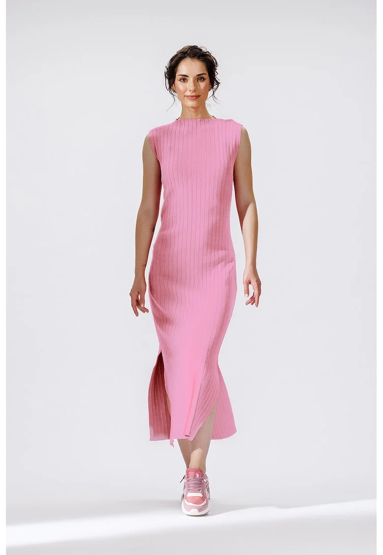 Rochie midi cu striatii si slit lateral, Roz