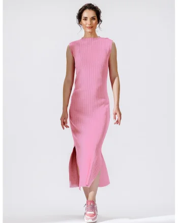 Rochie midi cu striatii si slit lateral, Roz