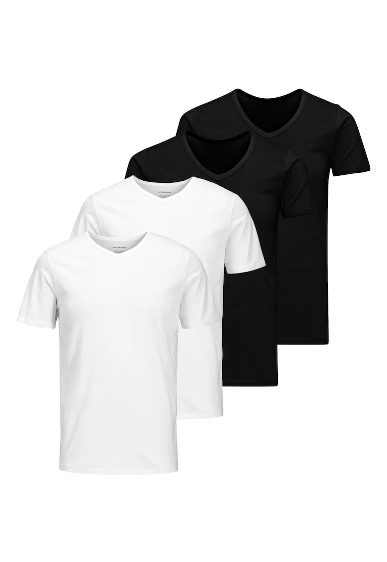 Set de tricouri cu decolteu in V Basic - 4 piese, Alb/Negru