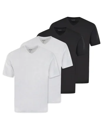 Set de tricouri de bumbac cu decolteu in V - 4 piese, Alb/Negru