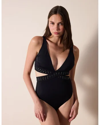 Costum de baie intreg cu decolteu in V si decupaje, Negru