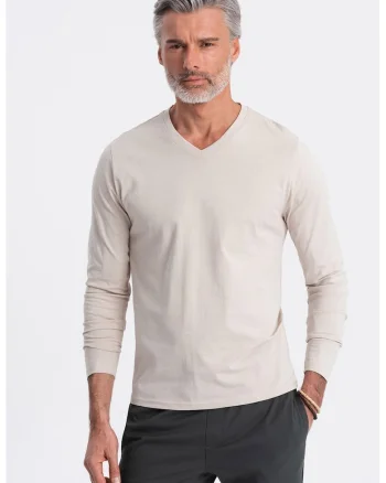 Bluza din bumbac cu decolteu in V, Bej deschis