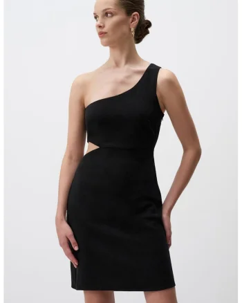 Rochie mini din amestec de in cu decupaj, Negru