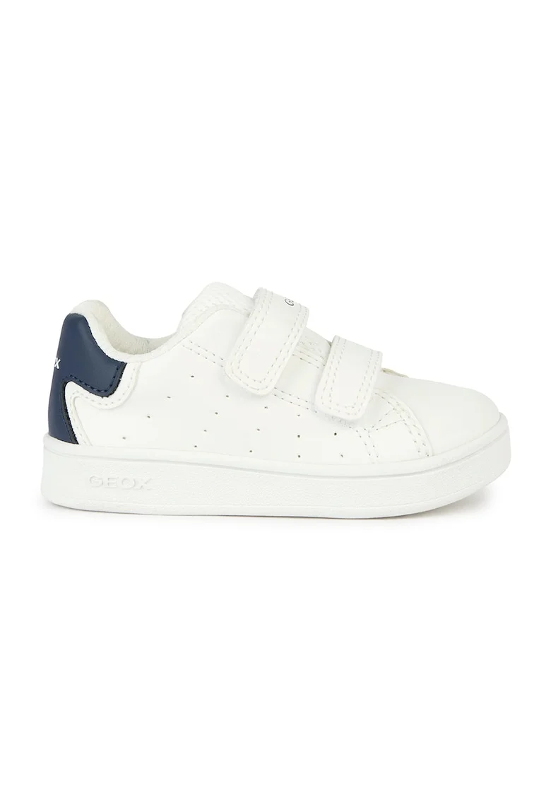Pantofi sport cu velcro si model perforat, Alb murdar/Bleumarin