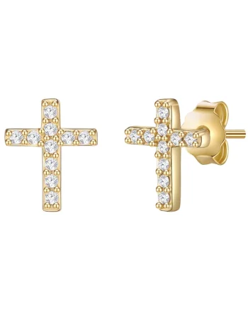 Cercei in forma de cruce, placati cu aur de 14K, cu zirconia, Auriu/Galben