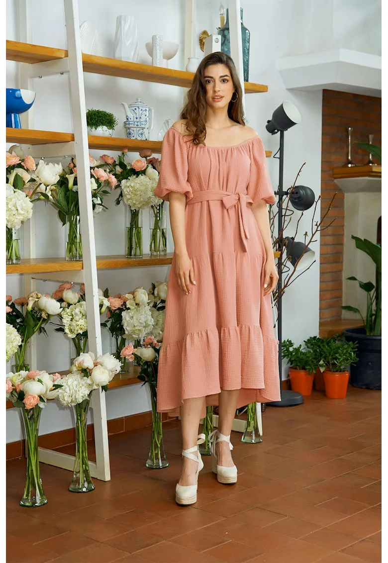 Rochie cu decolteu pe umeri si terminatie asimetrica Cassia, Roz somon
