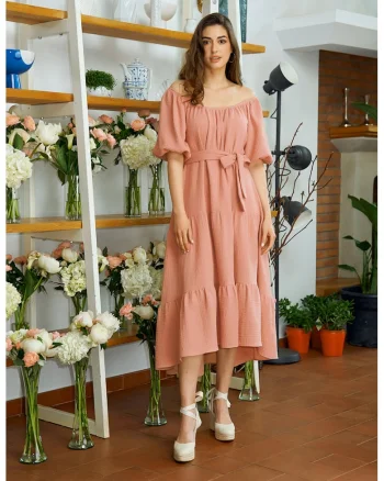 Rochie cu decolteu pe umeri si terminatie asimetrica Cassia, Roz somon