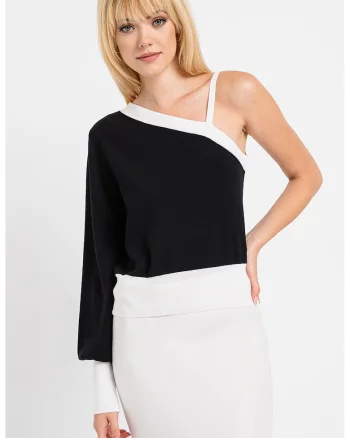 Pulover tricotat fin cu decolteu pe un umar, Alb/Negru