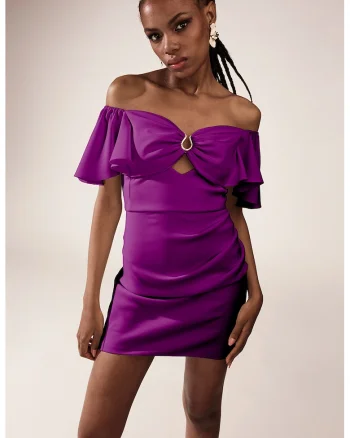 Rochie cu decolteu pe umeri si decupaj frontal, Violet