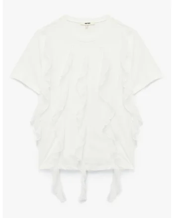 Tricou din bumbac cu garnituri cu volane, Alb